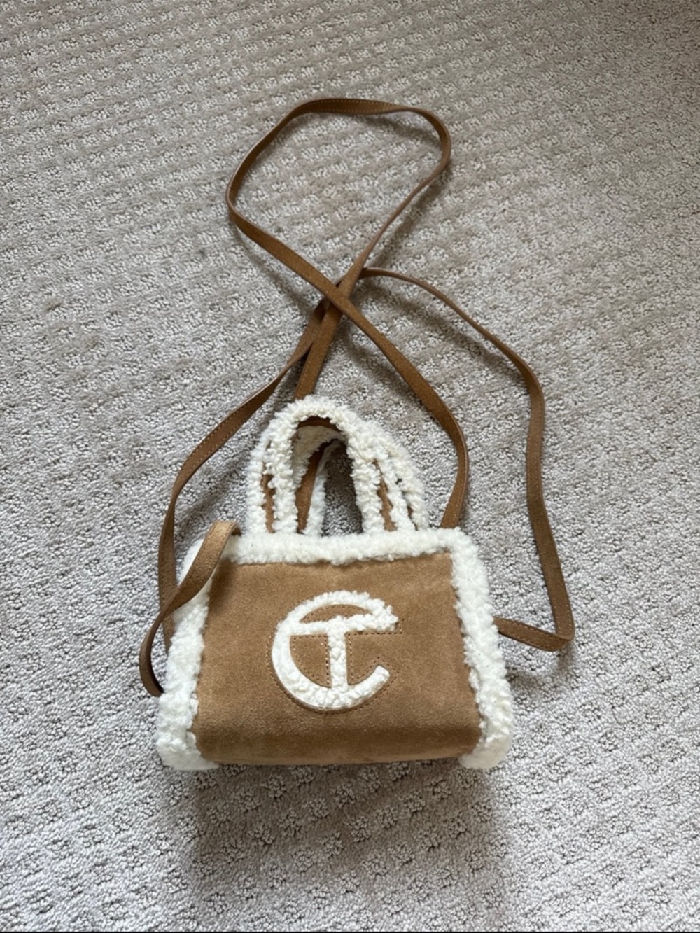 Tan Suede Telfar Ugg Mini Crossbody with White Shearling Trim